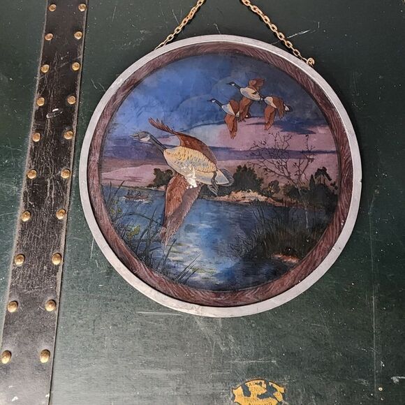 VTG Glassmasters Ducks Pond Hunting theme  Round Stained Glass Suncatcher 8.75” - Picture 3 of 5